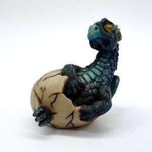 Blue Baby Dragon Hatchling Figurine in Cracked Egg Fantasy Statue